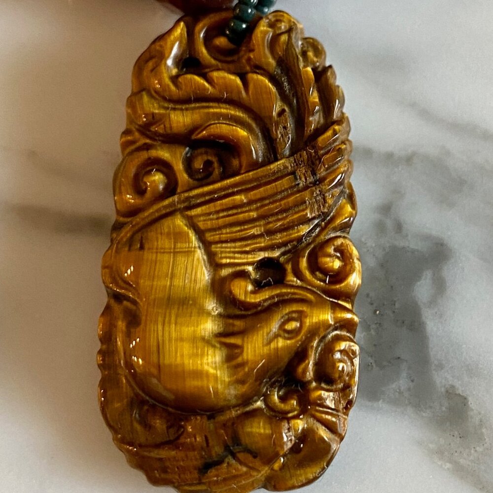 Vintage Chinese phoenix Tiger eye/Garnet necklace 1990's Measures 16"